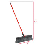 Red-handled Libman push broom shown at an angle with arrows indicating 65" handle height and 18" broom head width.
