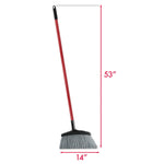 Product infographic of a Libman angle broom showing overall length of 53 inches and a 14-inch wide angled broom head