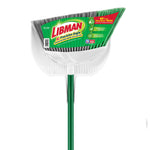 Close-up of Libman broom head with green and gray bristles fitted into a white dustpan