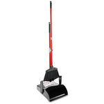 Libman broom nested in the carrying handle of a black dustpan, both with red steel handles on white background