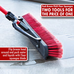 Libman broom head used as a floor squeegee pushing a small puddle of water, with infographic text