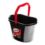 Angled view of a black Libman utility bucket showing red ergonomic handle and brand label on the side