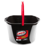 Front-facing black Libman bucket with red handle raised, visible interior measurement markings and label