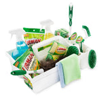 White Libman caddy styled with branded cleaning supplies, brushes, sponges and microfiber cloths against a white background