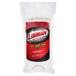 Clear-packaged Libman Commercial 24" dust mop refill showing red and black product label through the front of the bag