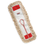 Top-down view of a beige cotton fringe dust mop refill with white center panel and red trim, Libman logo visible