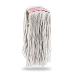 Unwrapped cut-end mop head with cream-colored twisted yarn strands and a pink stitched top band, photographed on white background.