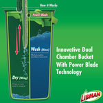 Cutaway diagram of Libman dual-chamber bucket showing wash (rinse) and dry (wring) sections with power blade label