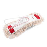 Libman cotton dust mop refill shown flat with metal mop frame inserted into the center pocket and fringe edges visible