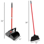 Product dimensions graphic showing Libman dustpan with 36" handle and broom with 38" handle and width measurements