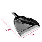 Black Libman dustpan shown with red measurement graphics indicating 13-inch front width