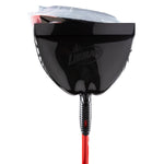 Rear view of black Libman dustpan with embossed logo and red broom handle visible above