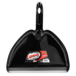 Overhead view of a black Libman High Power dustpan showing handle, label and rubber front edge