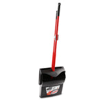 Angled view of Libman dustpan with upright red handle and clip, white background and product label visible