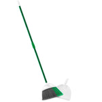 Full view of a Libman angled broom and white dustpan with long green steel handle on a white background.