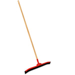Full-length red curved floor squeegee with black rubber blade and long wooden handle on white background