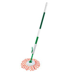 Full Libman spin mop with green telescoping handle and an orange-and-white patterned mop head on white background
