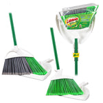 Two green-handled Libman angle brooms and two white dustpans shown in a composite product layout