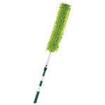 Close-up of a green chenille microfiber duster head attached to a white and green telescoping pole