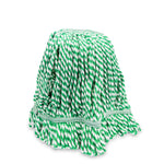 Close-up of a green-and-white twisted cotton mop head refill with sewn band and looped strands