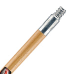 Close-up of the zinc screw-in ferrule and threaded end attached to a smooth Libman hardwood broom handle