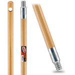 Three close-up views of a Libman hardwood broom handle showing top hole, midsection label, and threaded zinc screw end