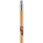 Full-length view of a Libman hardwood broom handle with label and zinc threaded screw end on a white background