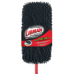 Close-up of a black chenille microfiber mop head with Libman High Power product label wrapped around it