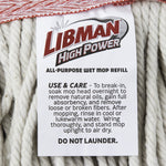 Close-up label on Libman High Power all-purpose wet mop refill showing brand logo and care instructions