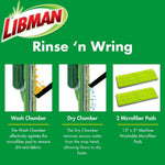 Instructional panel showing Libman logo and three panels illustrating wash chamber, dry chamber and two microfiber pads