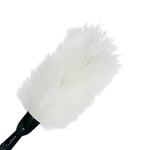 Close-up angled view of a fluffy white lambswool duster head attached to a black handle