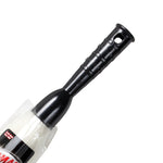 Macro shot of the black plastic handle and neck of a Libman lambswool duster against white background