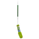 Full-length view of a Libman green-handled microfiber duster with label attached and chenille head