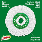 White microfiber round mop head on a green background with Libman logo and text callouts for machine washable and easy change.