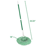 Libman Tornado Twist mop shown with green handle and mop head with dimension callouts for length and head