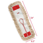 Angled flat-lay of Libman 24-inch cotton dust mop head with measurement graphics indicating 24 by 8.5 inches.