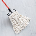 Red-handled mop with black plastic frame and white looped cotton mop head photographed on a tiled floor