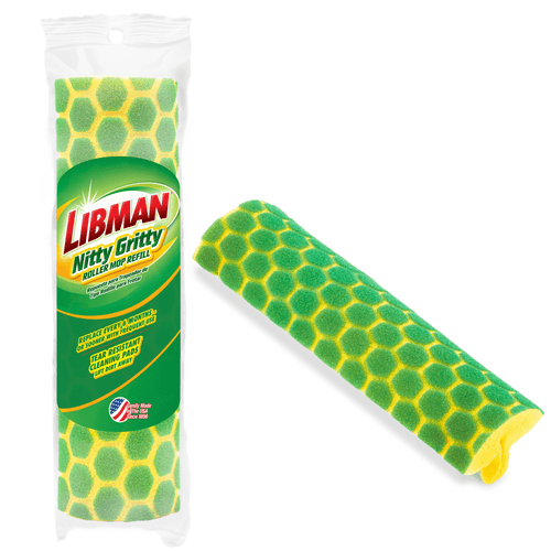 Packaged Libman Nitty Gritty green-and-yellow honeycomb sponge roller mop refill in clear plastic sleeve