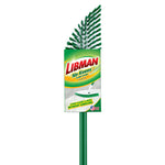 Front view of Libman 'No Knees' scrub head with green bristles and attached green steel handle showing product label