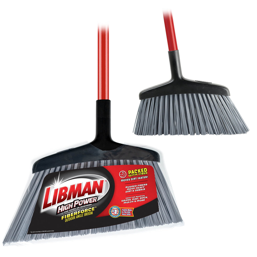 Close-up of a Libman outdoor angle broom head with gray bristles, black plastic collar and red handle, product label visible