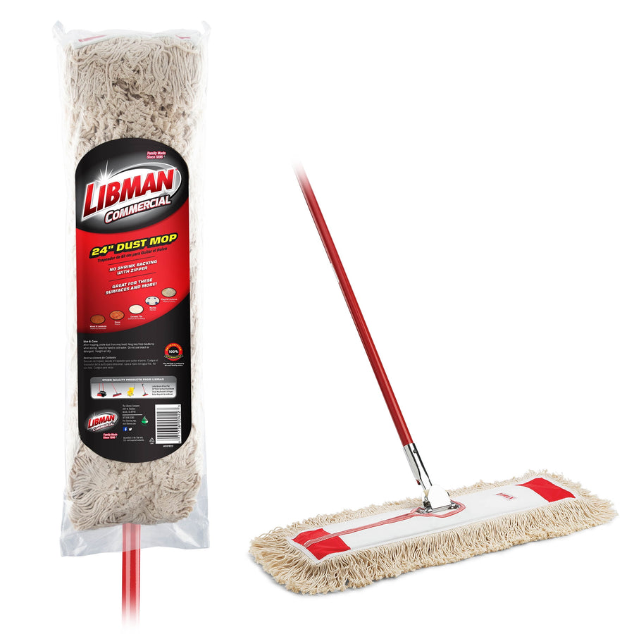 Packaged Libman commercial 24-inch cotton dust mop head with red handle shown beside assembled mop on white background.