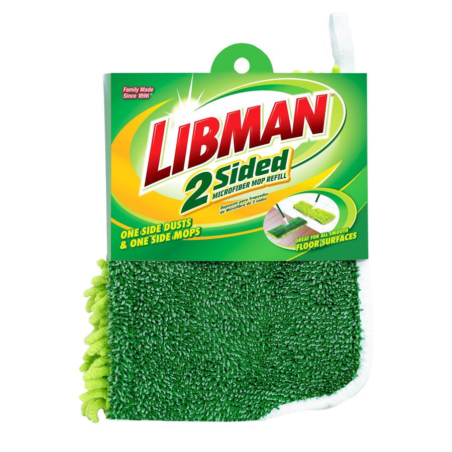 Libman branded packaged green 2-sided microfiber mop refill with product label and hanging tab
