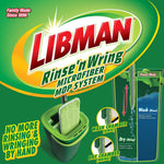 Packaging-style graphic showing Libman logo and rinse 'n wring microfiber mop system with wash and dry chamber callouts