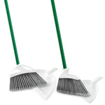 Pair of Libman angle brooms with green steel handles paired with matching white dustpans on white background