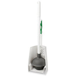 White caddy holding a toilet plunger and brush set, showing the gray rubber plunger inside the holder