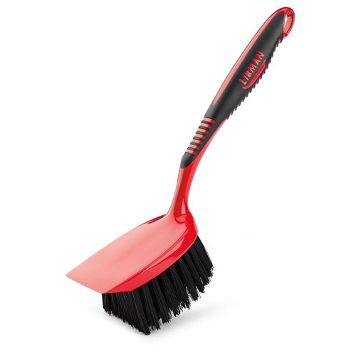 Red and black Libman heavy-duty scrub brush with short handle and scraper edge