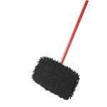 Angled view of a red-handle Libman extra-large black microfiber mop against a white background