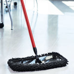 Red-handled Libman microfiber mop resting on a glossy tile floor, showing the mop head and swivel joint