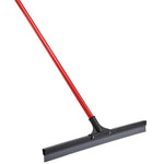 Diagonal studio image of a red-handle squeegee showing the handle, head joint and full black rubber blade