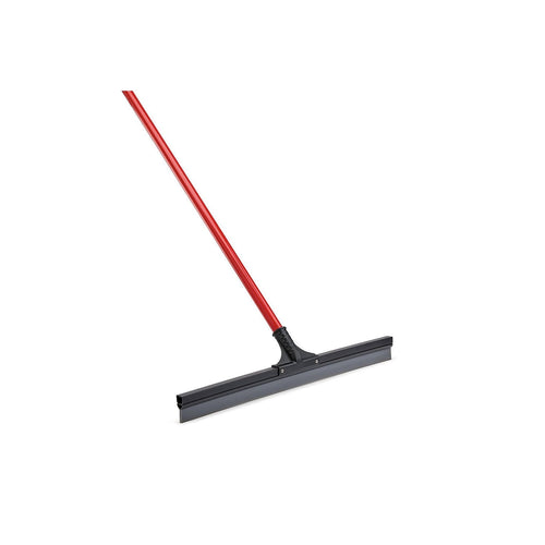 Red-handled commercial floor squeegee with 24-inch black rubber flex blade on white background